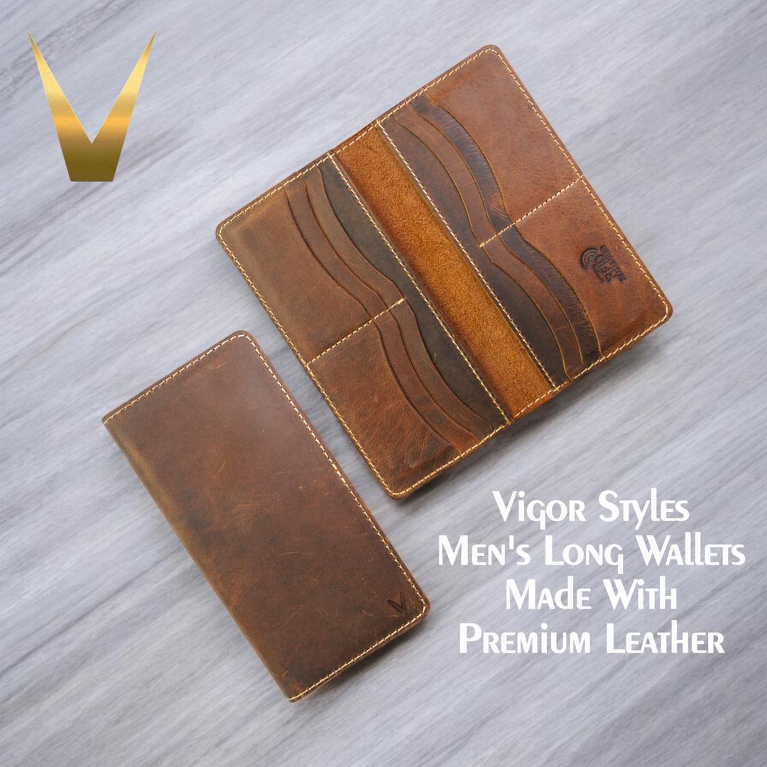 Premium Men's Long Leather Wallet – Brown Vintage Multi-Card Bifold Wallet
