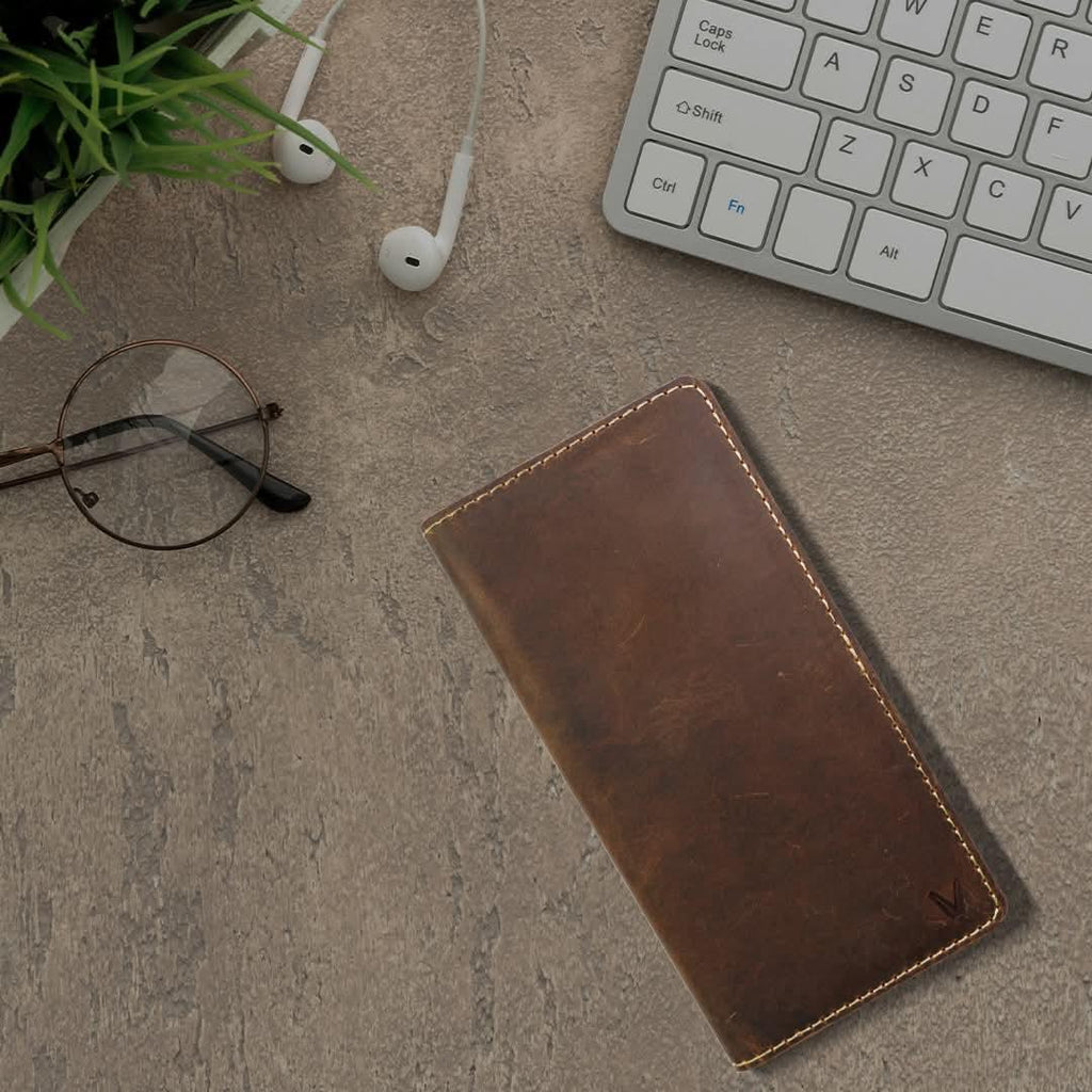 Premium Men's Long Leather Wallet – Brown Vintage Multi-Card Bifold Wallet